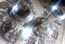 ANTQ Pair Fine Sterling Silver Candleholders Repousse Floral Bands◇Art Nouveau