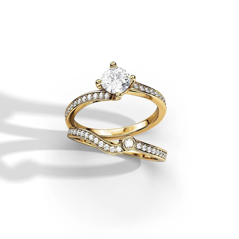 Conjunto de anel de casamento feminino redondo 1,50 quilates ouro amarelo 18K diamante cultivado em laboratório IGI GIA - Imagem 4 de 4