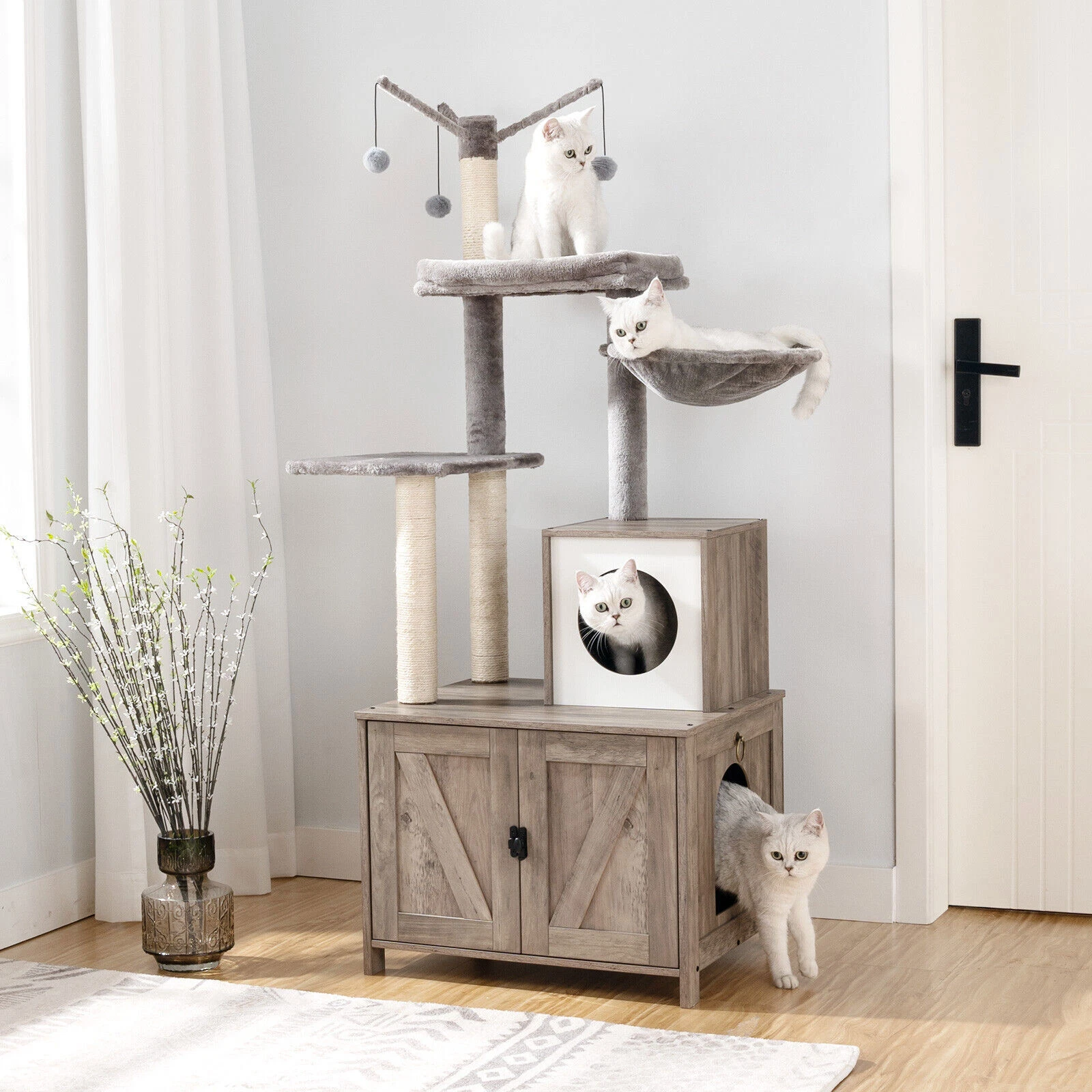 2-in-1 Cat Tree with Litter Box Enclosure Cat Condo with Scratching Posts Grey