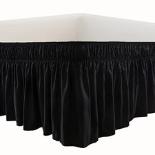 Wrap Around Bed Skirt Three Fabric Sides Elastic Queen/King-18" Drop Black
