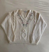 VTG 90’s Currants Hand Loomed Floral Chain Knitt Stitch Sweater Women’s Sz Large