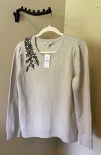 NWT Loft Women  s Pullover Sweater Size M Taupe Long Sleeve Crystal Embellishment