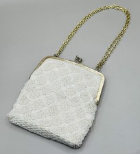 Vintage Handmade In Hong Kong White Beaded Purse With Metal Kisslock Gold Strap