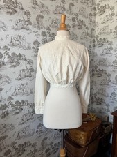 Antique Cream Color Cotton Blouse: 1900s Floral Embroidery, Victorian Cottage