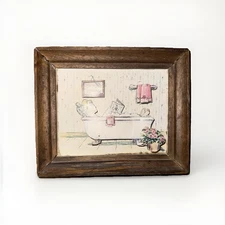 Vintage Art Mark Enesco 3D Paper Art Framed 1976 Bathtub Bathroom Pastel GUC