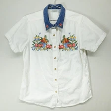 Bobbie Brooks Shirt Womens Medium Denim Collar Floral Embroidered Cottage