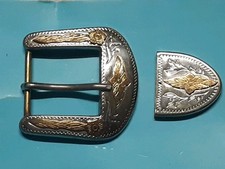 Vintage Belt Buckle Set Marked Silver . Ornate Gold/Brass Tone Details