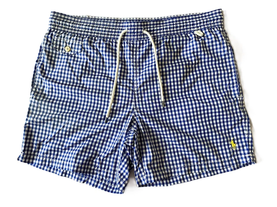 Polo Ralph Lauren - mittelblau karierte Herren-Badeboardshorts mit Gingham-Muster