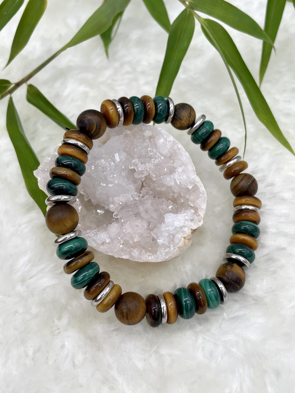 Bracelet oeil de tigre et malachite 10mm extensible pour le bien-être