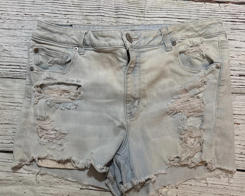 American Eagle High Rise Shortie Next Level Stretch Distressed Jean Shorts Sz 16 - Image 2 of 4