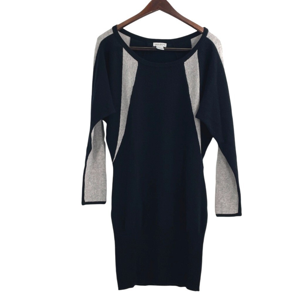 Jamison Womens Small Wool Cashmere Batwing Knit Sweater Dress Black Gray  Cozy