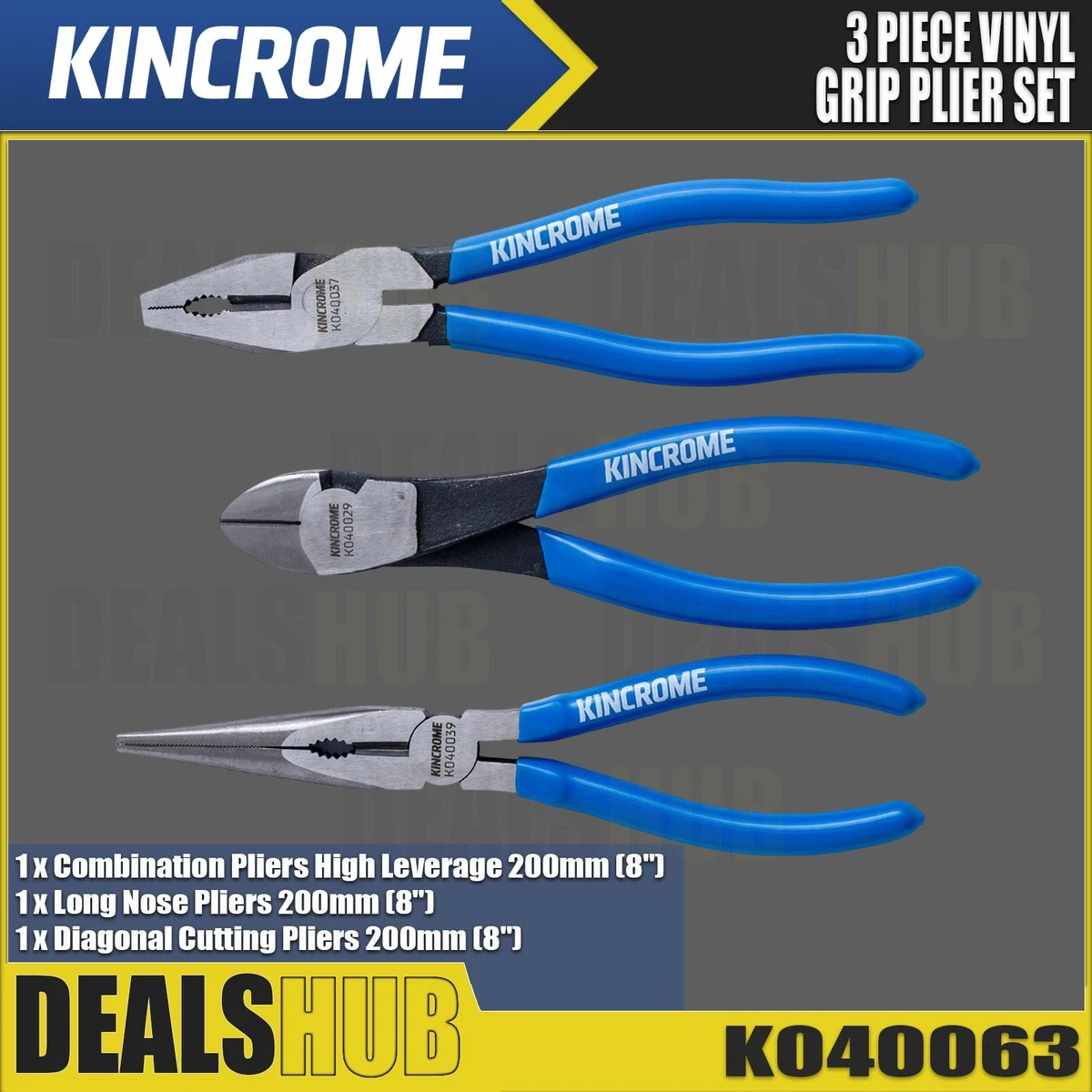 KINCROME 3 PC Vinyl Plier Set Combination Long Nose Diagonal Cutters K040063 