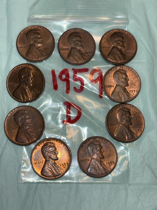 ❤️(9) 1959 D Lincoln Wheat Penny "L" in Liberty on Rim of Coin