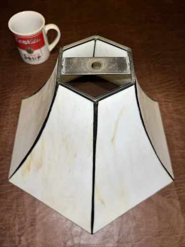 Vintage Large Tiffany Style Lampshade Slag Cathedral Glass Cream Browns 6 Panel