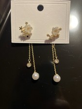 Gold Tone Flower Dangle Drop Earrings with Imitation Pearl Stud for Lobe