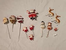 Vintage Hong Kong China Christmas Cake Toppers Picks Deer, Santa, Snowman