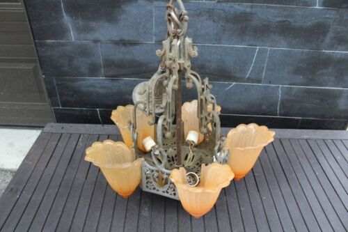 Antique Lincoln Art Deco Slip Shade Ceiling Light Fixture Chandelier Fleur Lys - Picture 11 of 16