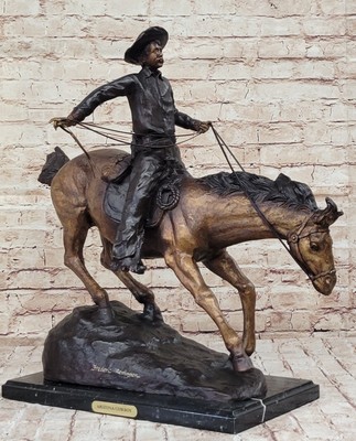 Bronze Sculpture Handcrafted Cowboy with Faithful Horse By Remington Figurine