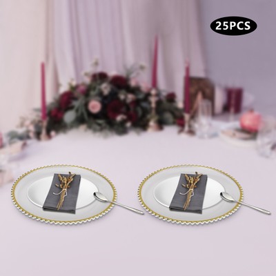 25 Packaged Western Food Plates 32cm Plastic With Transparent Gold Thread Beads