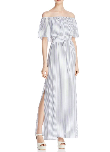 Alice+Olivia MISSING BELT Grazi Blue/White Striped Off-Shoulder Maxi Dress sz 10