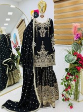 Exclusive Look Heavy Chinnon Palazzo Suit With Black Dupatta For Indian Festival