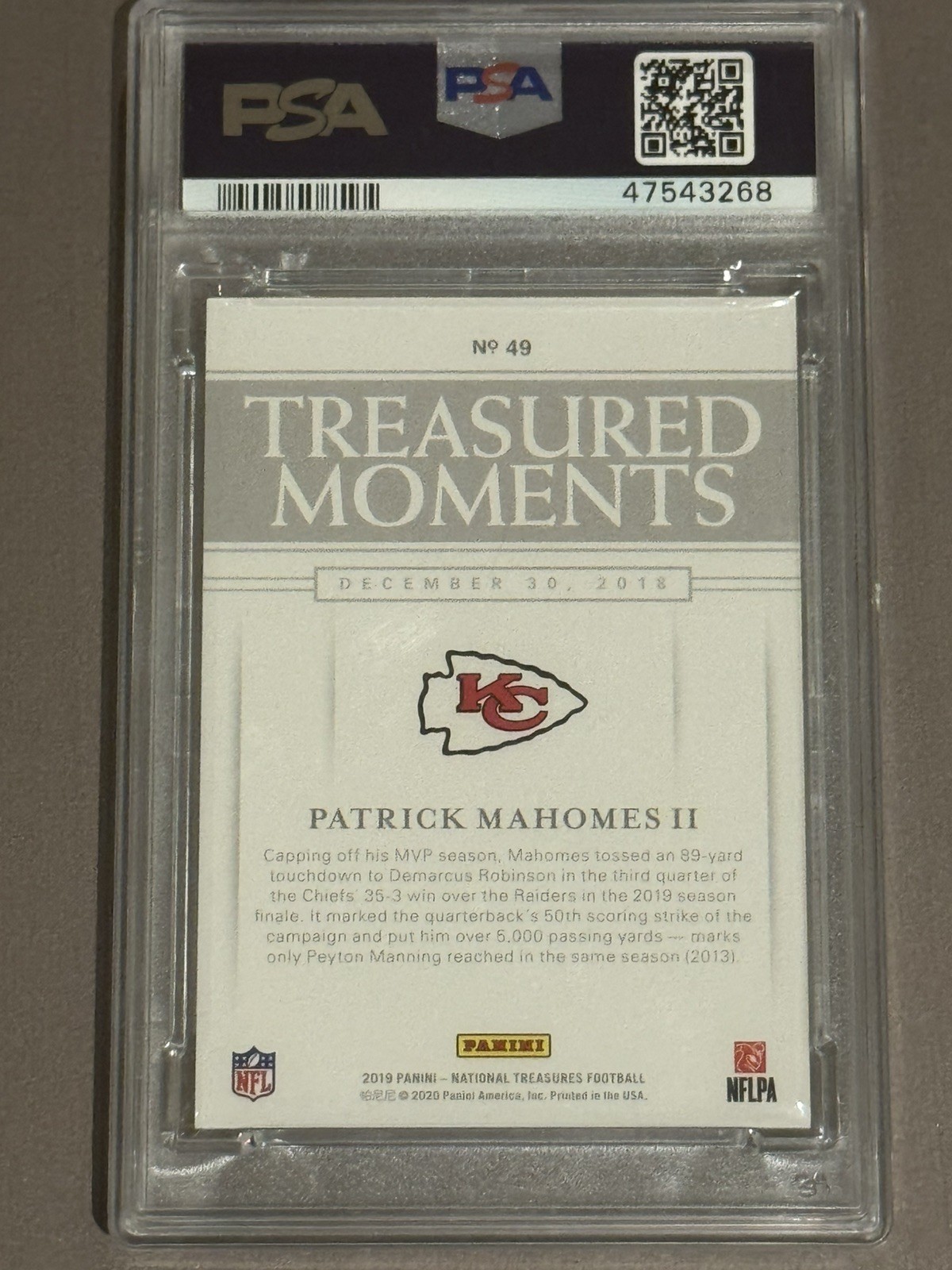 Patrick Mahomes 2019 National Treasures #49 /75 PSA 10 POP 6 Treasured Moments view 2