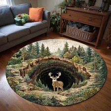 Deer Round Rug 3D Forest Illusion Rustic Cabin Wildlife Carpet Home Decors 3DMat