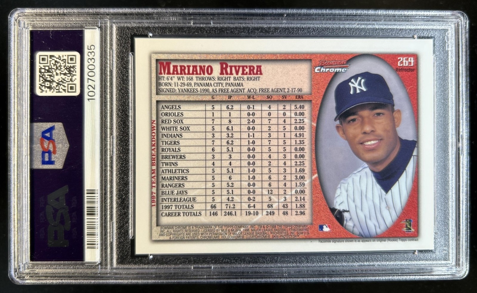 1998 Bowman Chrome Mariano Rivera Refractor #269 New York Yankees PSA 9 view 2