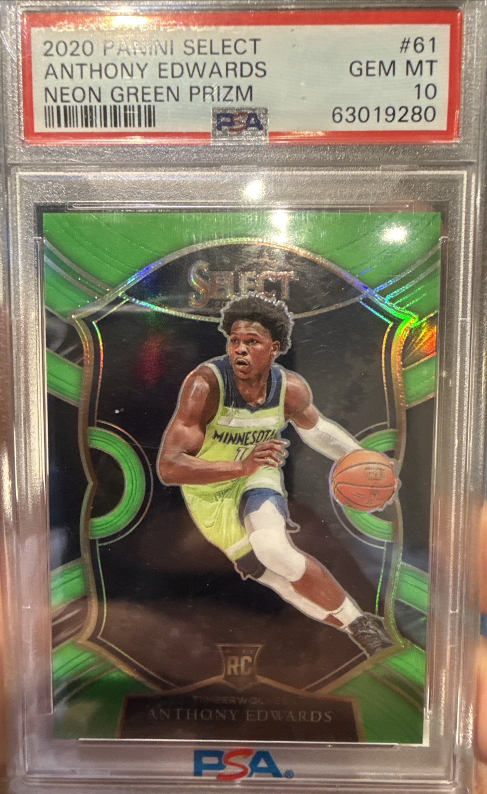 2020 PANINI SELECT NEON GREEN PRIZM #61 ANTHONY EDWARDS /75 PSA 10