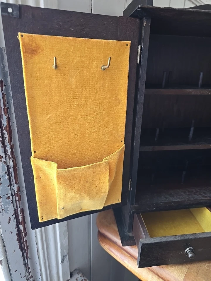 Wood Sewing Box Mini Cabinet Holds 21 Spools, w/ 2 Drawers & Pockets For Notions - Image 3 of 4