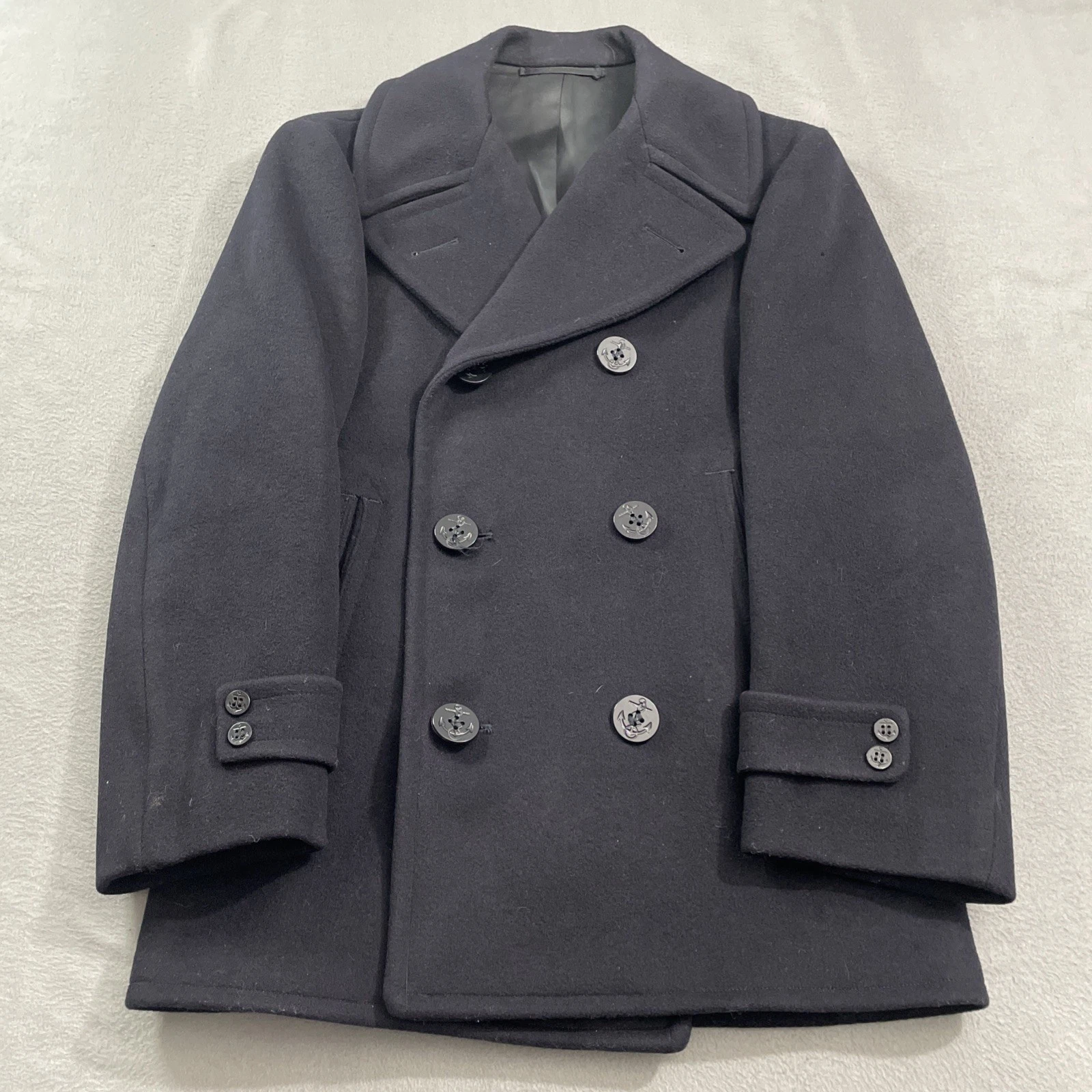 Vintage Navy Army Wool Trench Coat Mens Size 36 R Blue Pea Coat Double Breasted