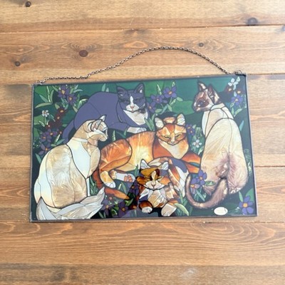 Joan Baker Tiffany Stained Glass Cats rectangle 10 x  16.5  Suncatcher Art Panel