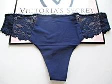 VICTORIA'S SECRET PINK No Show Thong Panty VS Navy Blue S M L XL Lace Trim NWT