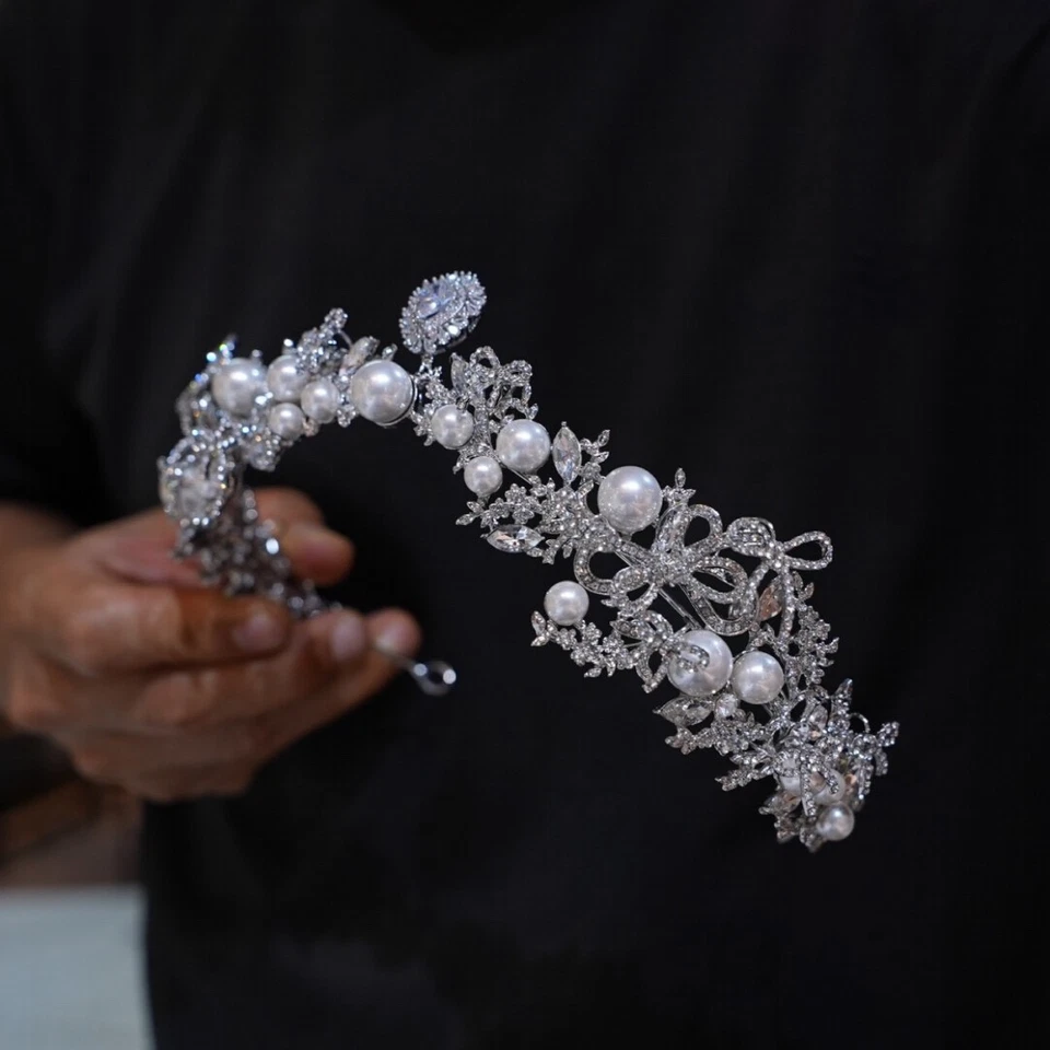 Princesa Lindas Perlas Cristal Novia Tiaras Coronas Boda Circón Tocado Foto 4 de 4