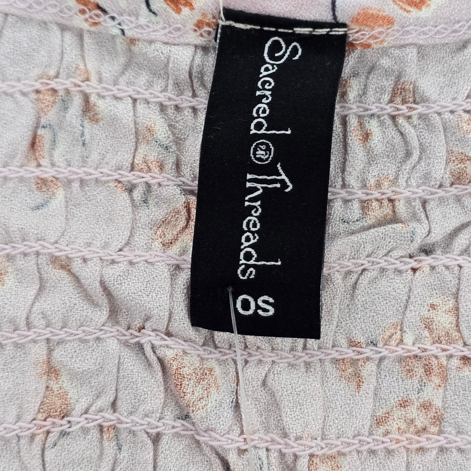 Sacred Threads Boho Floral Smocked Top OS Pink Ruffle Hem Peasant Blouse NWT