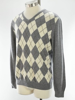 ALTEA Ivory Gray ARGYLE Wool Cashmere Blend V Neck Long Sleeve Sweater XL NWT