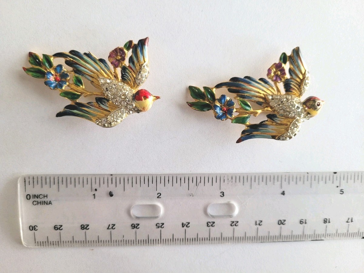 Corocraft Sterling Silver Enamel Floral Bird Dress Fur Clip Rare Duette View 2
