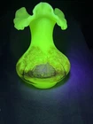 Fenton Ruffled Satin Custard Uranium Glass Vase Hand Painted Log Cabin Scene