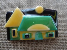 Vtg Pins by Lucinda Halloween Country Village Full Yellow Moon House Brooch Rare
