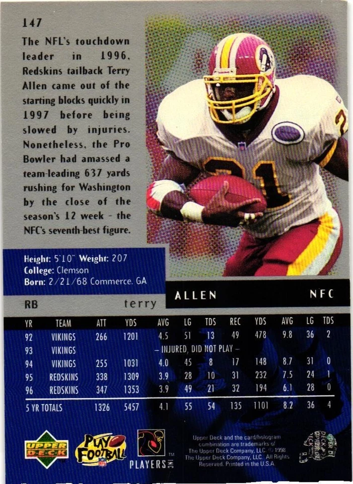 TERRY ALLEN 1998 UPPER DECK BLACK DIAMOND DOUBLE 2 STAR #147 REDSKINS SP - Image 2 of 2