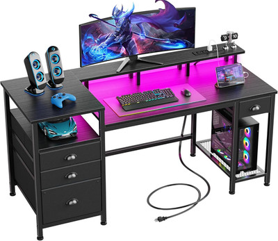 60'' Black Computer Desk with 4 Drawers and Printer Space, Gaming Desk with LED L