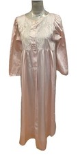 Vintage NATORI Classics Pink Peach Satin Long Nightgown Appliqu Floral Lace M