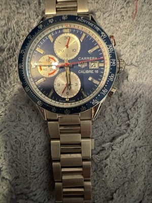 TAG Heuer Carrera Calibre 16 Chronograph Wristwatch Blue Dial Silver Band