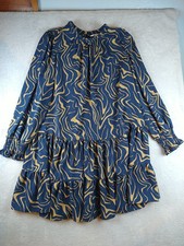 Nine West Ruffle Tiered Baby Doll Dress Women's 0X Navy Blue Gold Animal Print