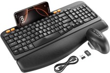 Wireless Keyboard Mouse Combo Ergonomic Wave Keys Cushioned Palm Rest 2.4G