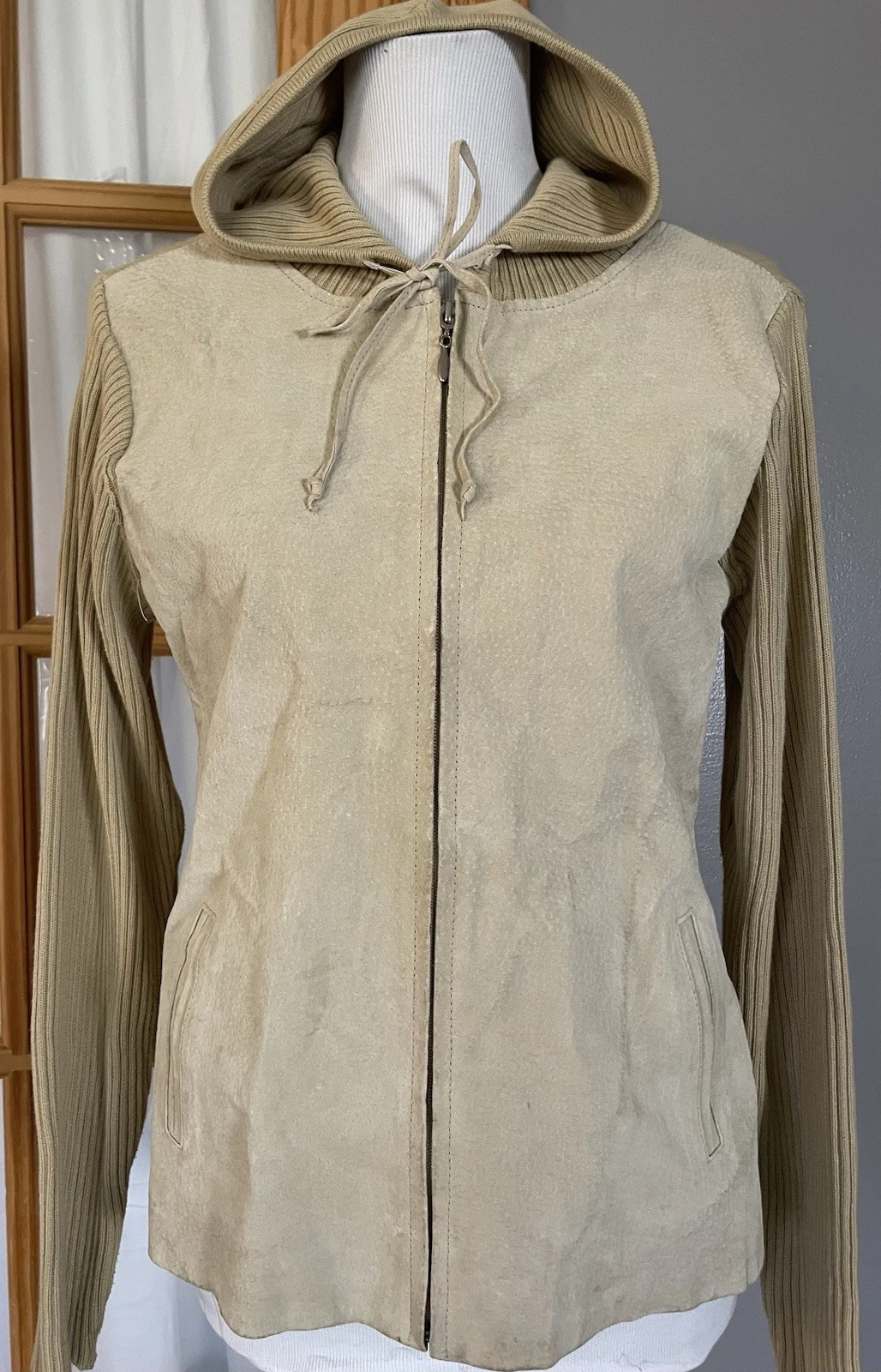 90s Hooded Suede Full Zip Sweater Jacket Womens Sz M Beige Ribbed Rayon Pockets
