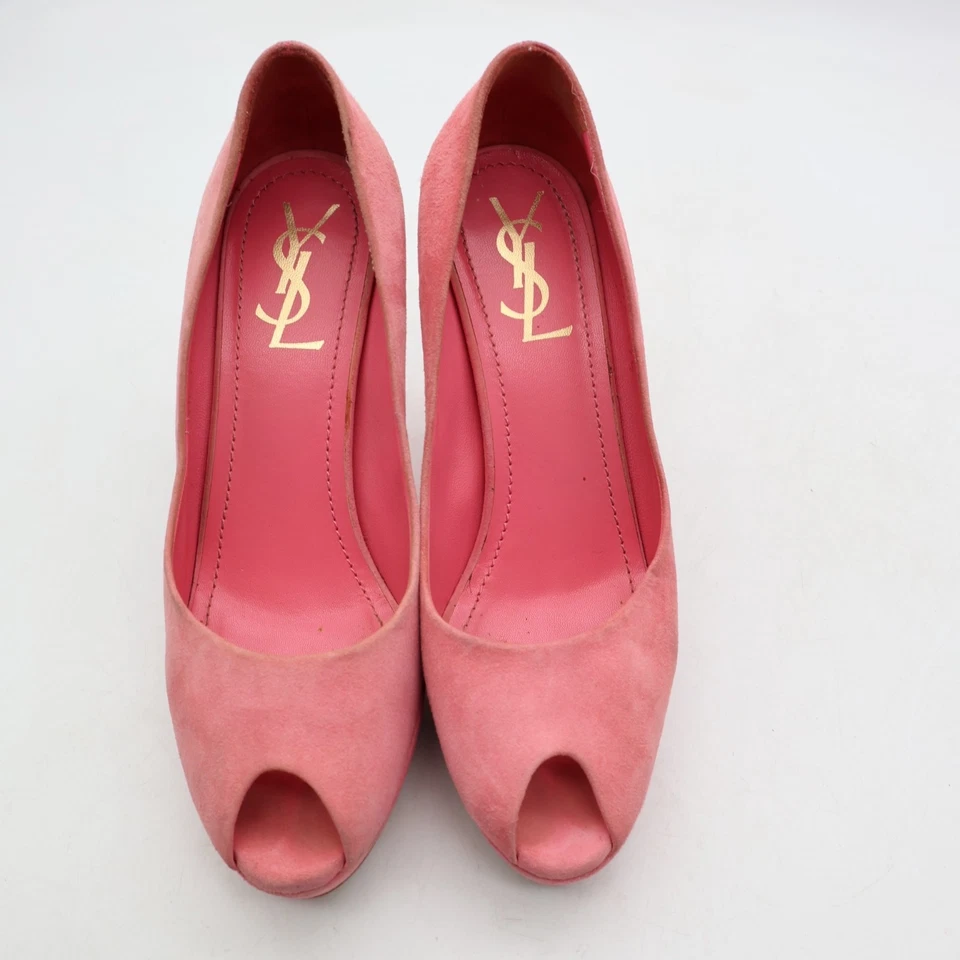 Yves Saint Laurent Women's Size EU 37.5 Light Pink Suede Peep Toe Platform Pumps - Image 2 of 4