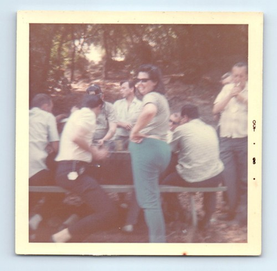 #ad Old Vintage Square Color Photo MEN WOMAN AROUND PICNIC TABLE CAMPING 1965 $1.60