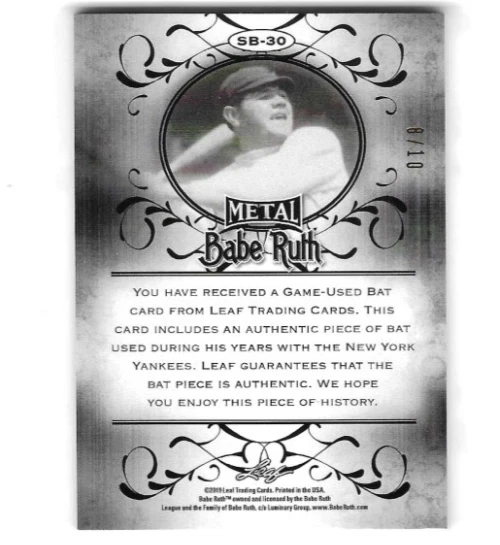 Tarjeta reliquia de murciélago hoja metal Babe Ruth 2019 "The Bambino" #8 ¡de solo 10! 🔥🔥🔥 Foto 2 de 2