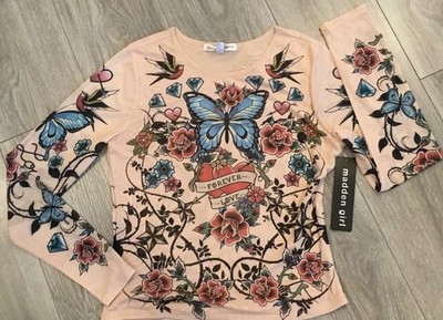 Y2k Madden Girl Jr s Top, Mesh, Sheer, Stretch, Floral Tattoo Look, Medium